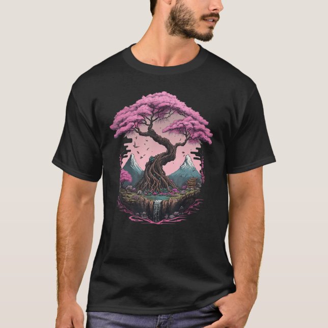 T-shirt Japanese Sakura Garden Geisha Mount Fuji Cherry Bl (Devant)