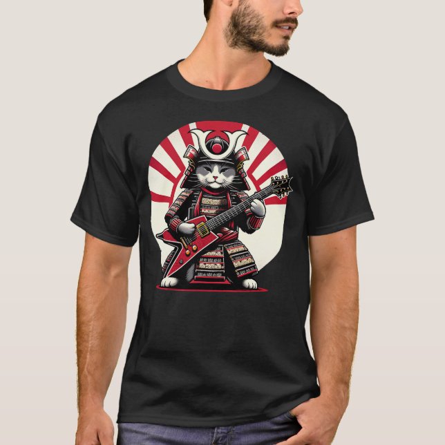 T-shirt Japanese Samurai Cat Playing Electric Guitar Playe (Devant)
