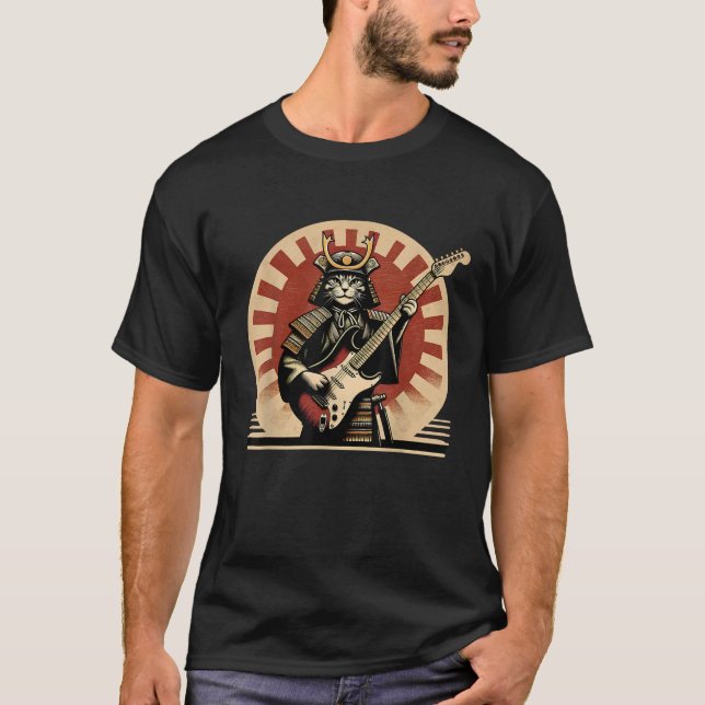 T-shirt Japanese Samurai Cat Playing Electric Guitar Retro (Devant)