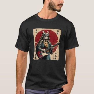 T-shirt Japanese Samurai Cat Playing Electric Guitar Retro