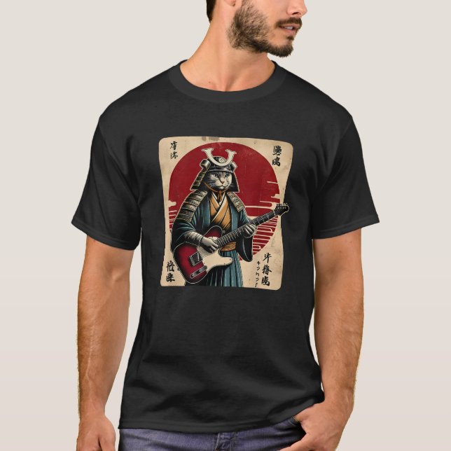 T-shirt Japanese Samurai Cat Playing Electric Guitar Retro (Devant)