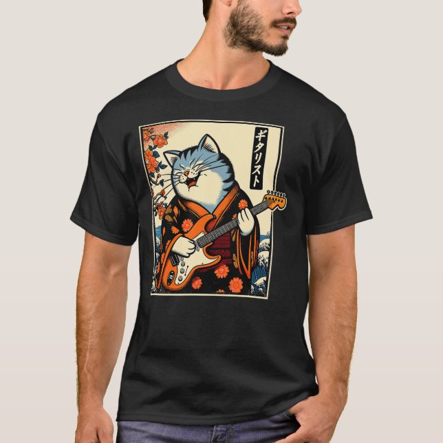 T-shirt Japanese Samurai Cat Playing The Electric Guitar (Devant)