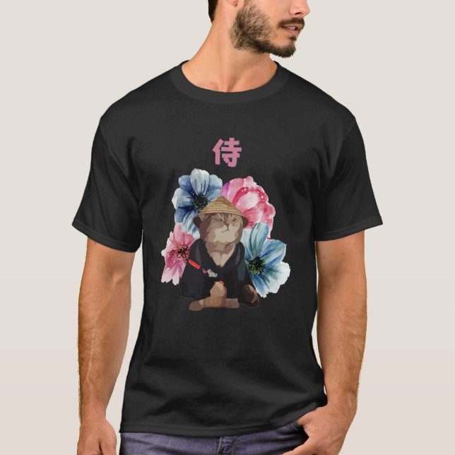 T-shirt Japanese Samurai Cat Watercolor Flowers (Devant)