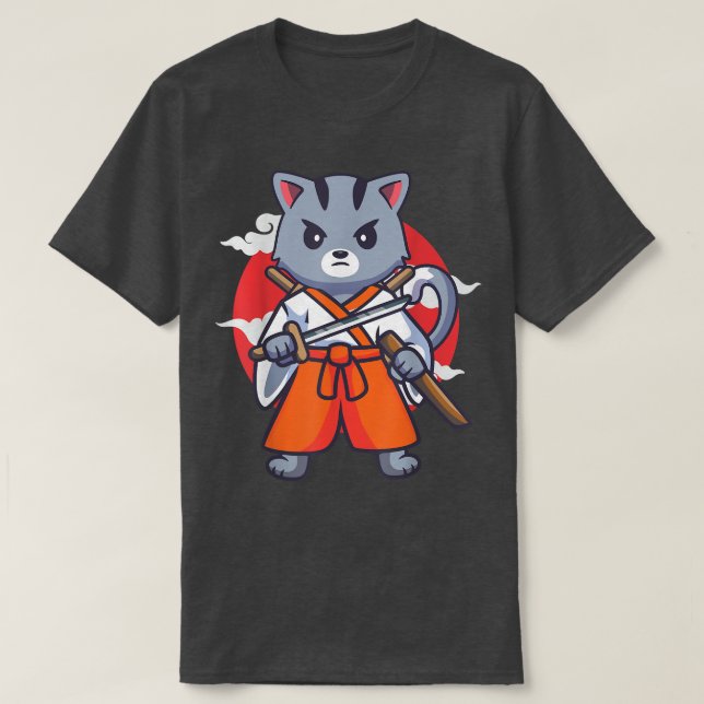 T-shirt Japanese Samurai Ninja Cat Kawaii Anime  (Design devant)