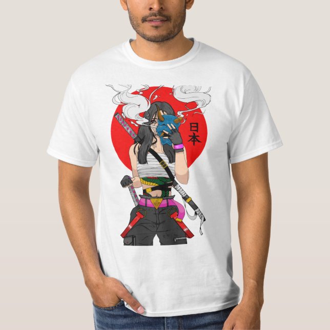 T-shirt Japanese Samurai Vaporwave Cool Girl  (Devant)
