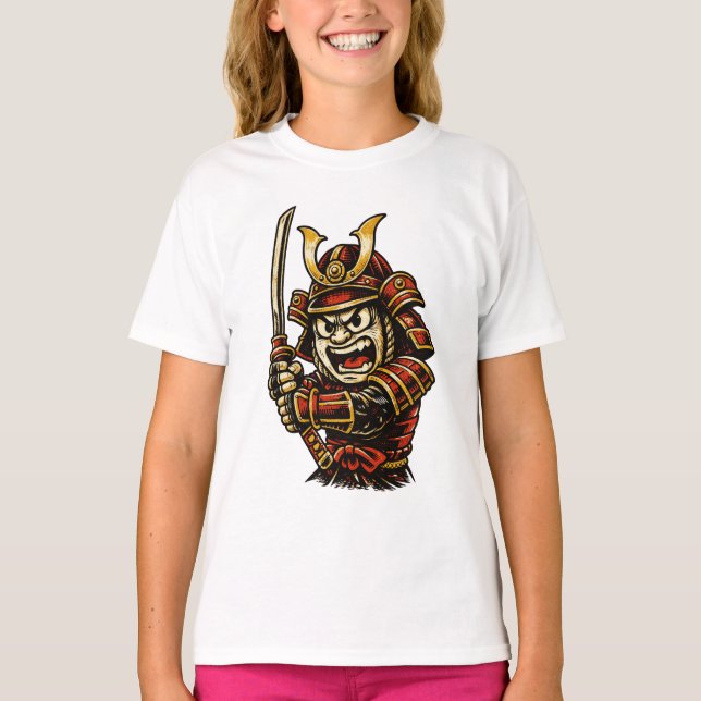 T-shirt Japanese Samurai Warrior Red Armor Cartoon Art (Devant)