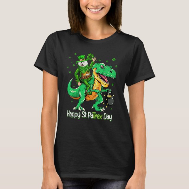 T-shirt Japanese Spitz montant un dinosaure Saint-Patrick  (Devant)