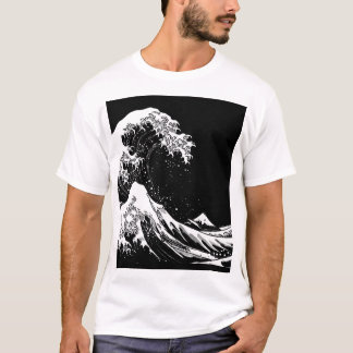T-shirt Japanese style ink painting T-shirt 「high waves」