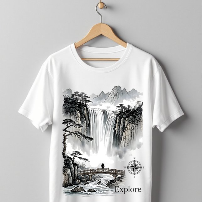 T-shirt Japanese Sumi-e Waterfall Zen Explore Landscape (Créateur téléchargé)