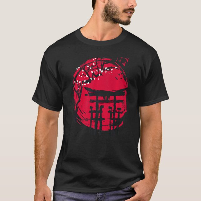 T-shirt Japanese Temple Characters Red Sun Cherry Blossom (Devant)