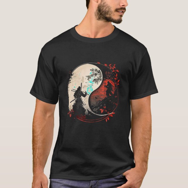 T-shirt Japon Masque Anime Kitsune Samurai Ying Yang Retro (Devant)