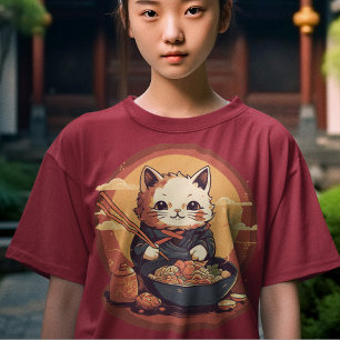 T-shirt Japonais Anime Kitty Chat Manger Ramen