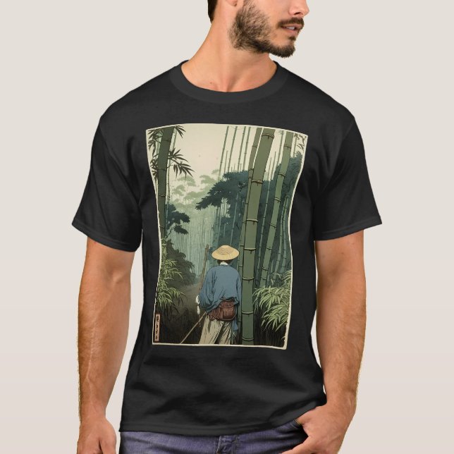 T-shirt Japonais Bamboo Grove Woodblock Nature spirituelle (Devant)