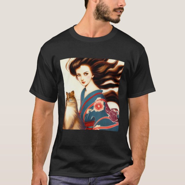T-shirt japonais beauté démodée et chat (Devant)