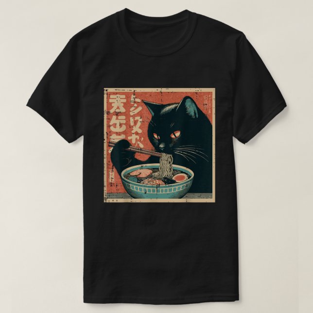 T-shirt Japonais Chat Noir Manger Ramen nouilles Kitten (Design devant)