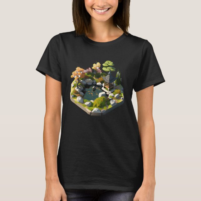 T-shirt Japonais Garden Pond Shrine île isométrique 32 bit (Devant)