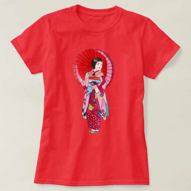 T-shirt Japonais Geisha rouge kimono art mignon (Design devant)