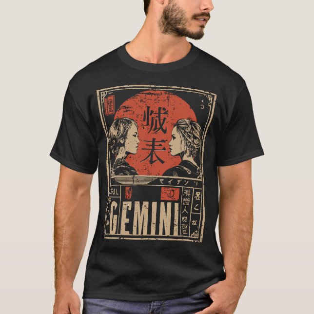 T-shirt Japonais Gemini Zodiac | Red Sun Twins (Devant)