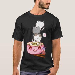 T-shirt Japonais Kawaii Anime Kittens Ramen Noodle Soupe C