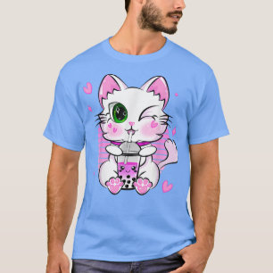 T-shirt Japonais Kawaii Neko Chat Anime Boire Boba Tea 
