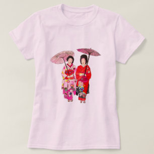 T-shirt Japonais mignon Geisha avec kimono rose