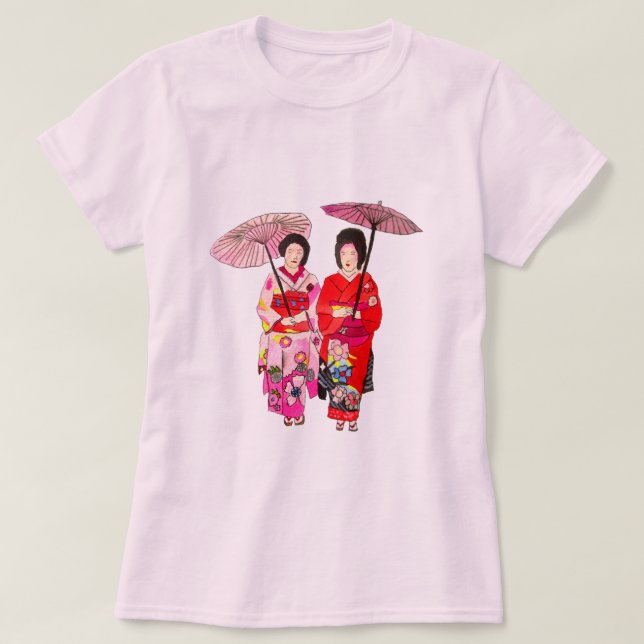 T-shirt Japonais mignon Geisha avec kimono rose (Design devant)