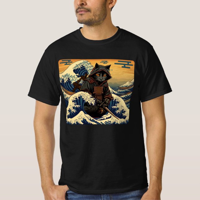 T-shirt Japonais Rétro Samurai Chat La Grande Vague Par Ho (Devant)