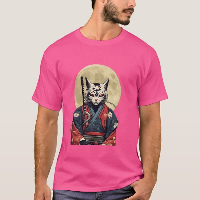 T-Shirt japonais rétro Samurai Chat Warrior (Devant)