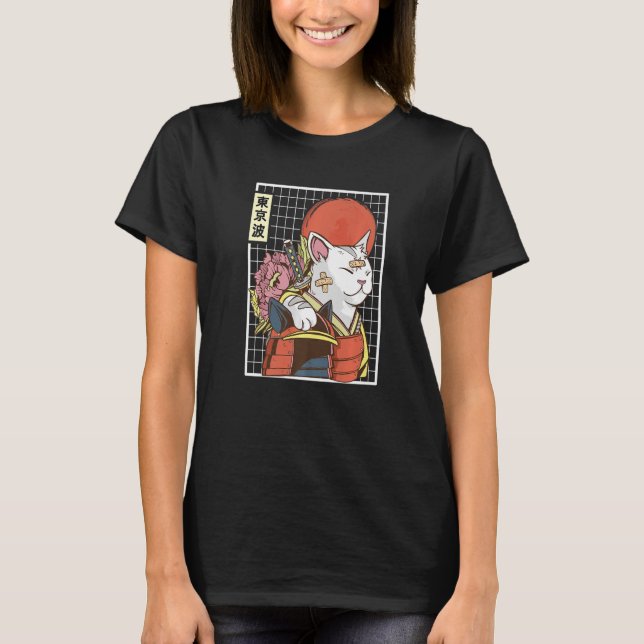 T-shirt Japonais Samurai Chat Japon Aesthétique Drapeau So (Devant)