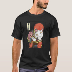 T-shirt Japonais Samurai Chat Japon Aesthétique Drapeau So