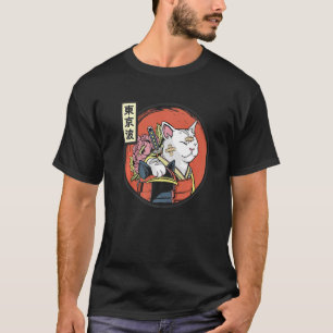 T-shirt Japonais Samurai Chat Japon Aesthétique Drapeau So
