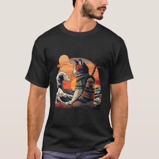 T-shirt Japonais Samurai Chat La Grande Vague Par Hokusai