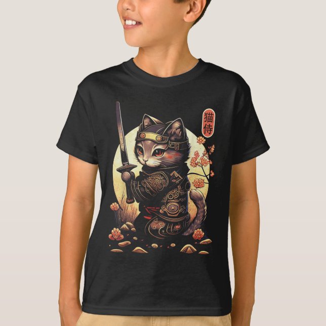 T-shirt Japonais Samurai Chat Tattoo, Kawaii Ninja Chat (Devant)