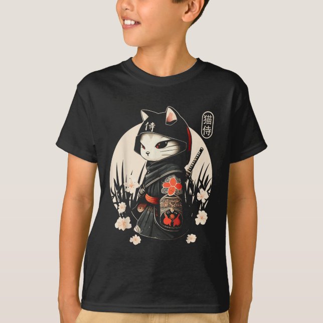 T-shirt Japonais Samurai Chat Tattoo, Kawaii Ninja Chat _1 (Devant)