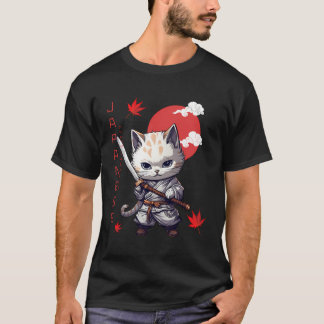 T-shirt Japonais Samurai Kitty Kawaii Red Sun Ninja Cat Ma
