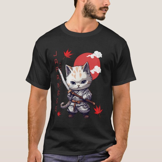 T-shirt Japonais Samurai Kitty Kawaii Red Sun Ninja Cat Ma (Devant)