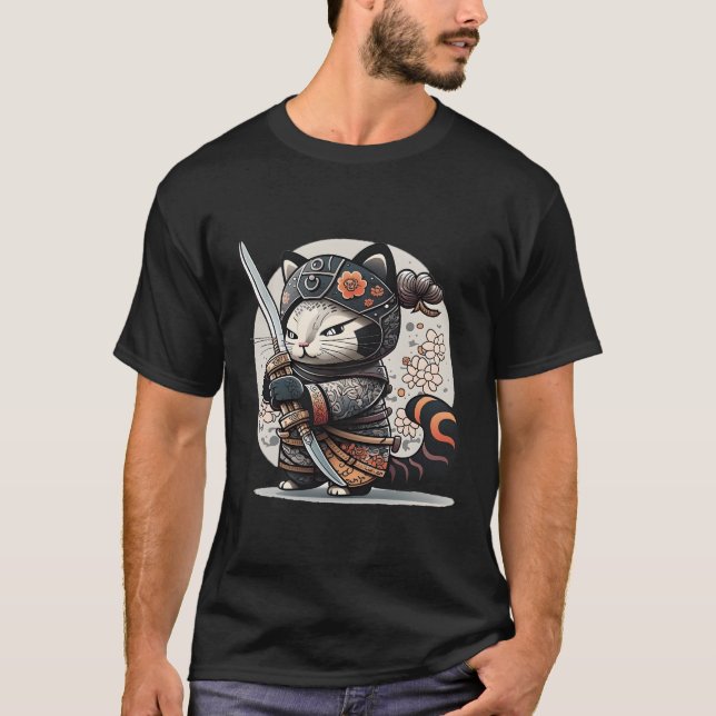 T-shirt Japonais Samurai Ninja Cat Kawaii Tattoo (Devant)