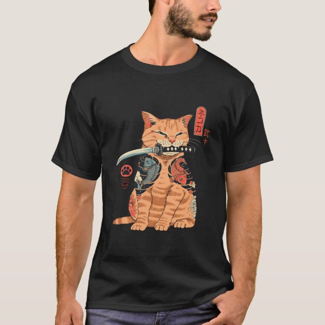 T-shirt Japonais Samurai Ninja Cat Kawaii Tattoo (Devant)