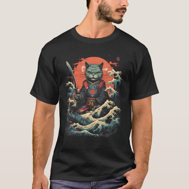 T-shirt Japonais Samurai Ninja Cat Retro Tattoo Graphique  (Devant)