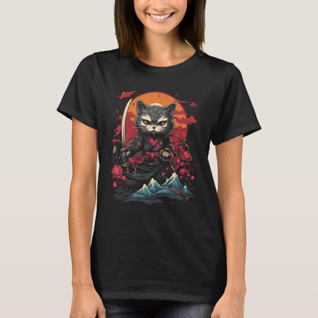 T-shirt Japonais Samurai Ninja Cat Retro Tattoo Graphique  (Devant)
