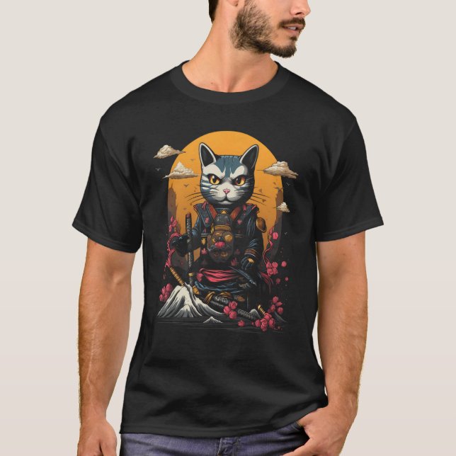 T-shirt Japonais Samurai Ninja Cat Retro Tattoo Graphique  (Devant)