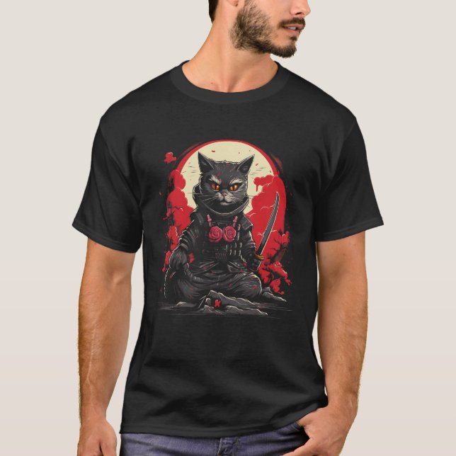 T-shirt Japonais Samurai Ninja Cat Retro Tattoo Graphique  (Devant)