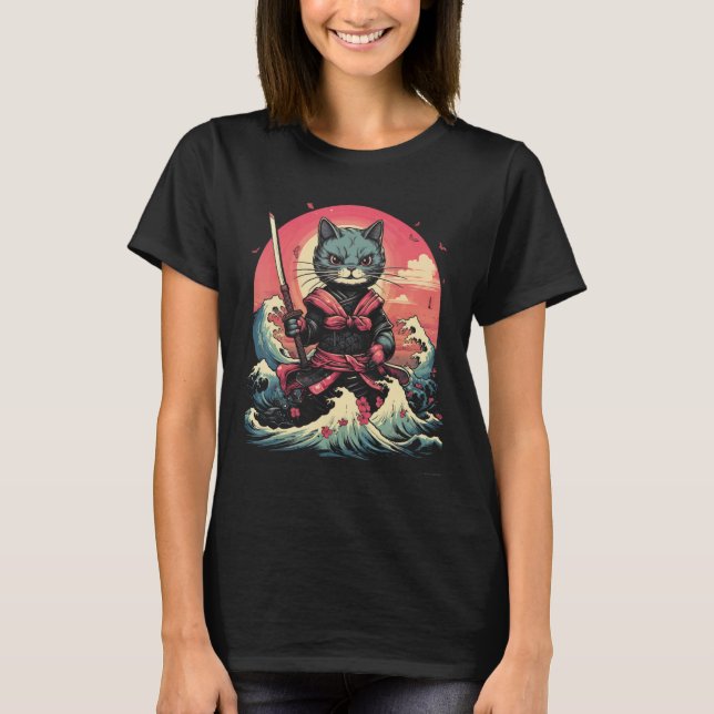 T-shirt Japonais Samurai Ninja Cat Retro Tattoo Graphique  (Devant)