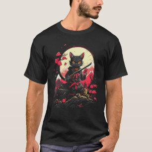 T-shirt Japonais Samurai Ninja Cat Retro Tattoo Graphique 