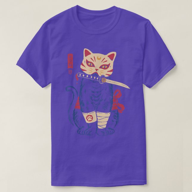 T-shirt Japonais Samurai Ninja Chat Kitsune Masque  (Design devant)