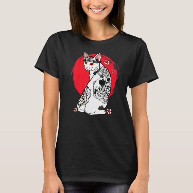 T-shirt Japonais Samurai Senpai Cat Tattoo maître enseigna (Devant)