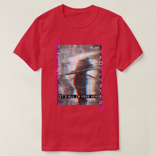 T-shirt Japonais Samurai Vaprowave Glitch Guerrier (Design devant)