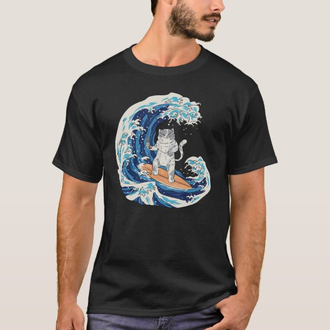 T-shirt Japonais Wave Surfing Chat Manger Sushi (Devant)