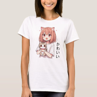 T-shirt Japonaise Anime mignonne fille et chat
