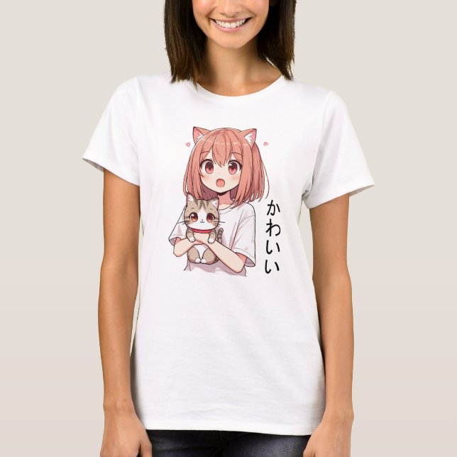 T-shirt Japonaise Anime mignonne fille et chat (Devant)